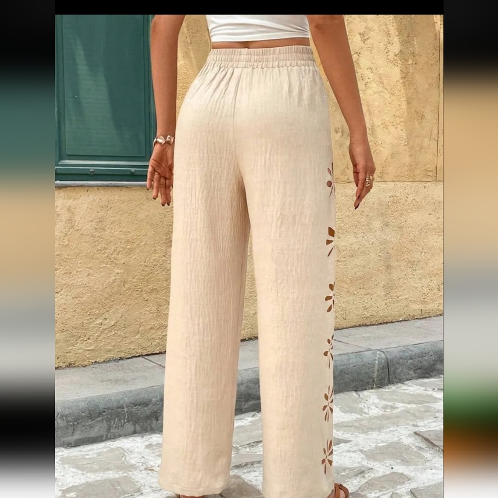 Beige Floral Cutout Linen Pants - Picture 5 of 5